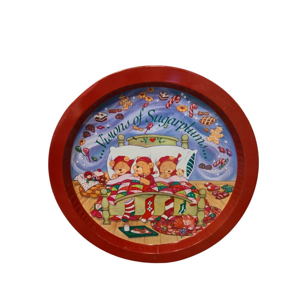 Retro Christmas tin tray set Teddy bear anthropomorphic Holiday serving platter - Picture 4 of 10